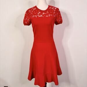 Valentino Red Lace Trim Dress Size S Romantic Fit & Flare Cocktail NWT Femme